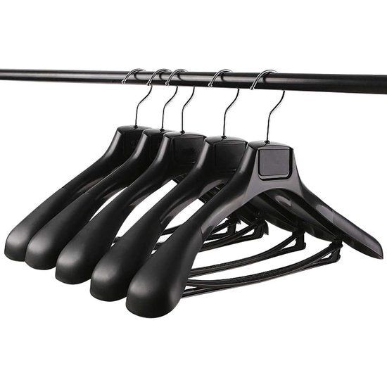 Brede zwarte plastic kleerhangers voor colberts en broeken - Set van 5