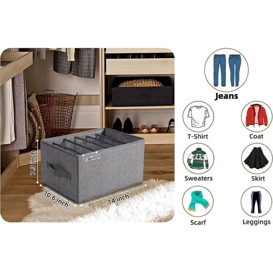 Grote versie van de jeans-organizer: verbeterde afmetingen: 36 x 27 x 20 cm, elk vak 26 x 20 x 6 cm, breder en groter vak voor volwassen jeans, jassen, broeken, overhemden, truien, enz