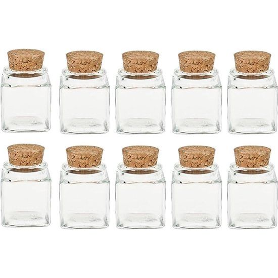 Kruidenpottenset met perskork, 10-delig, inhoud 50 ml, vierkante glazen pot van hoogwaardig glas, ideaal voor zout, peper, zonnebloempitten, pompoenpitten, kandis, snoep, kurkglazen