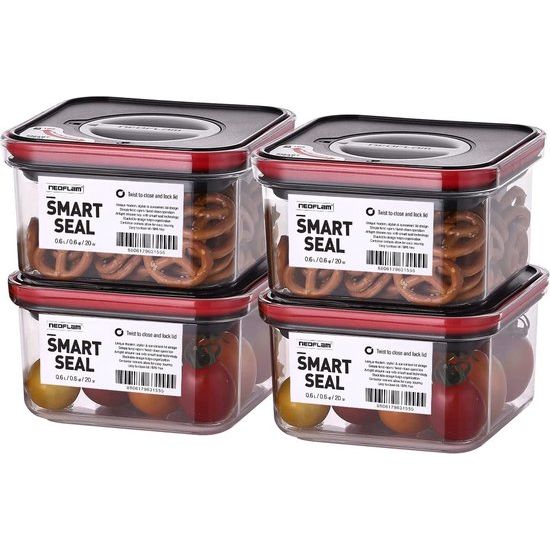 Smart Seal 4 luchtdichte voorraaddozen, gepatenteerde eenhandssluiting, vershouddozen set met deksel rode opbergdoos bijv. muesli, meel - voorraadcontainer, vaatwasmachinebestendig, BPA-vrij