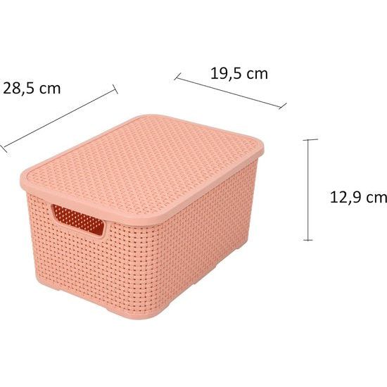 Mand met deksel in rotan design, set van 2, maat S 7 l, BPA-vrije kunststof PP, zalmroze, 28,5 x 19,5 x 12,9 cm, 2 stuks