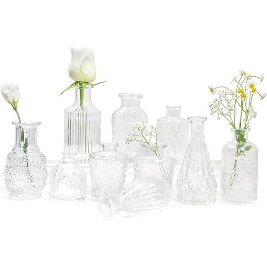Kleine vazen, 10 stuks, mini-vazen, glas, bloemenvaas, kleine vazenset, verschillende maten, voor tafeldecoratie thuis, bruiloft