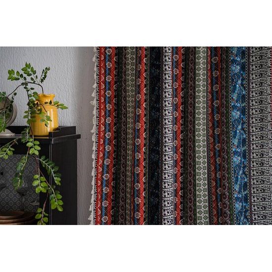 Boho gordijnen set van 2 gordijnen met beige kwastjes katoen linnen halfverduisteringsgordijnen doorschijnende gordijnen met stangdoorgang voor woonkamer slaapkamer, 240 x 150 cm (HxB)