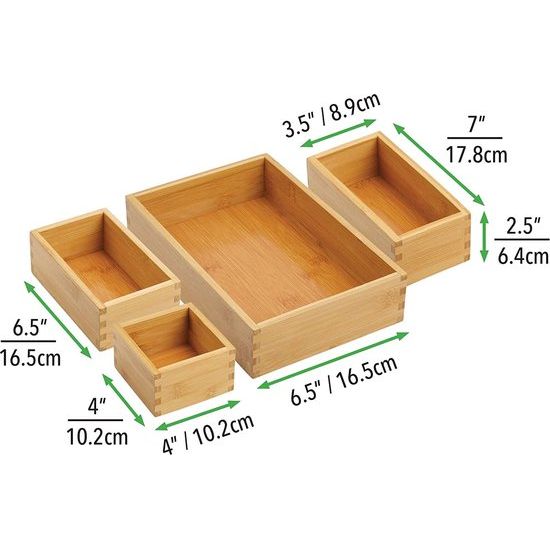 mDesign Opbergdoos voor de keuken – ladenbox van bamboe in verschillende maten – stapelbare lade-organizer voor bestek en keukengerei – set van 4 – natuurlijke kleuren