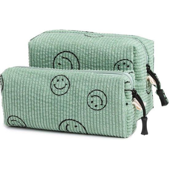 Cosmetische tas corduroy kleine toilettas dames kleine make-uptas met glimlach koord cosmeticatas dames corduroy cosmeticatas reizen cosmeticatas voor reizen meisjes dames, Groen 2