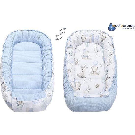 Babynest knuffelnest babynestje 100% katoen wafel nestje reisbed voor baby's zuigelingen 100x60x15cm veilige sluiting (hert en egel met lichtblauw wafle)