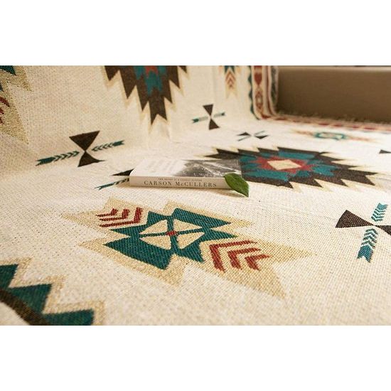 Boho-deken met franjes, etnische deken, geweven deken, geometrisch Azteekse patroon, overtrek voor bank, voor thuis, kantoor, reizen, tenten, 90 x 180 cm