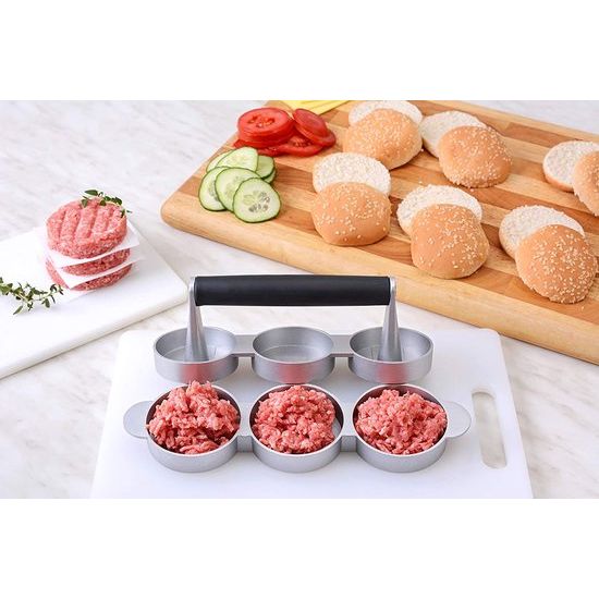 GRÄWE Hamburgerpers voor 3 mini-burgerpers, 3 mini-hamburgerpers van gegoten aluminium met antiaanbaklaag en 60 vellen bakpapier