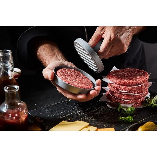 Burgerpers, aluminium, diameter 12 cm, hamburgerpers, 4 hamburgerspiesen en 60 vellen scheidingspapier, anti-hechting, hamburgerpers, hamburgerpers,