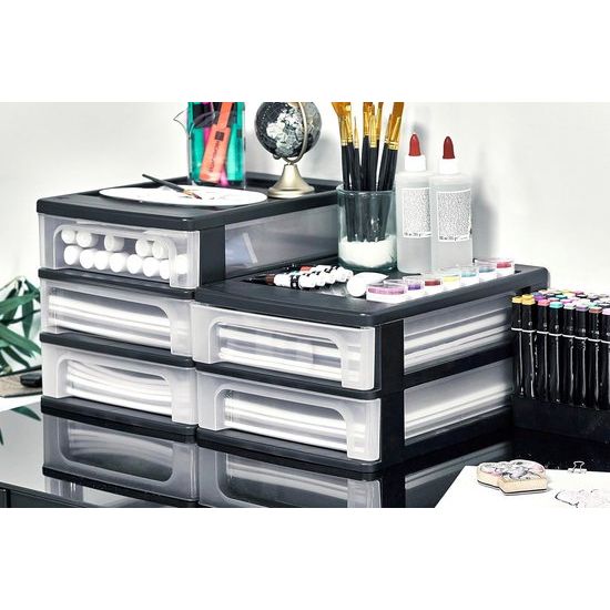 Drawer Cabinet, Drawer Cabinet, 3 Drawers (2 x 4L + 1 x 7L), A4 Format, Clear Drawers, Office, Living Room Organiser Chest Black