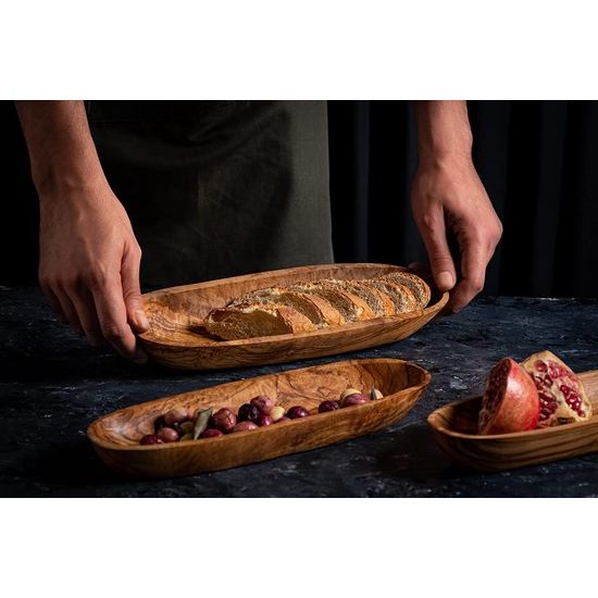 Fruitschaal van natuurlijk olijfhout, handgemaakt, 30 x 10 cm, olijfhouten kom voor het huishouden, 30 x 10 cm, houten schaal, decoratie, olijfhouten schaal voor fruit, brood en gebak, decoratieve schaal van hout