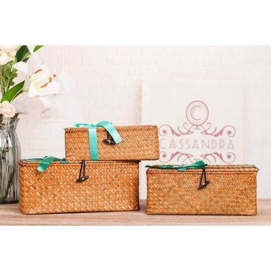 Opbergbox van zeegras, bastmand met deksel, opbergmanden plankmanden, rieten mand, wasmanden, make-up-organizer, keuken, woonkamer, bureau-opslag, natuurlijk materiaal, rotan mand