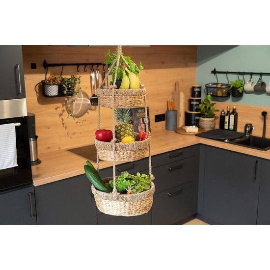 Hangende fruitmand, grote etagère met 3 manden van waterhyacint, fruitrek voor het bewaren van groenten en fruit, hangmand, 34 cm