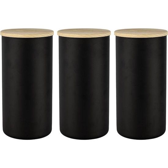 3 zwarte glazen voorraadpotten met houten deksel, luchtdicht, 1385 ml, glazen containers, voorraadpotten, thee, ontbijtgranen, voorraadpot, koffiebonen, containers, kruidenpotjes, voorraadpot, matzwart