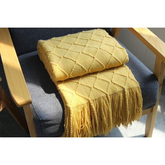Woondeken, zacht, gebreid, wollen deken, kwastjes, knuffeldeken, sofadeken, slaapdeken, geel, 125 x 210 cm
