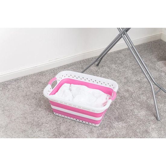 ruimtebesparende rechthoekige opvouwbare wasmand 45L wit roze