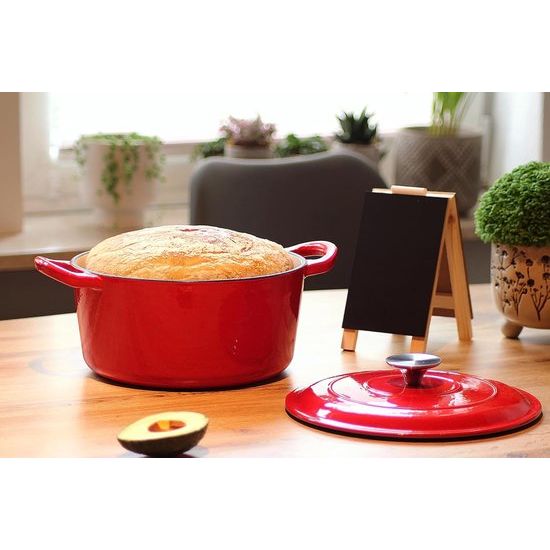 Stoofpan van gietijzer met emaille coating, gietijzeren pan, braadpan met deksel, broodbakpan, rond, geschikt voor oven, barbecue, barbecue en inductie, rood, 3,5 l