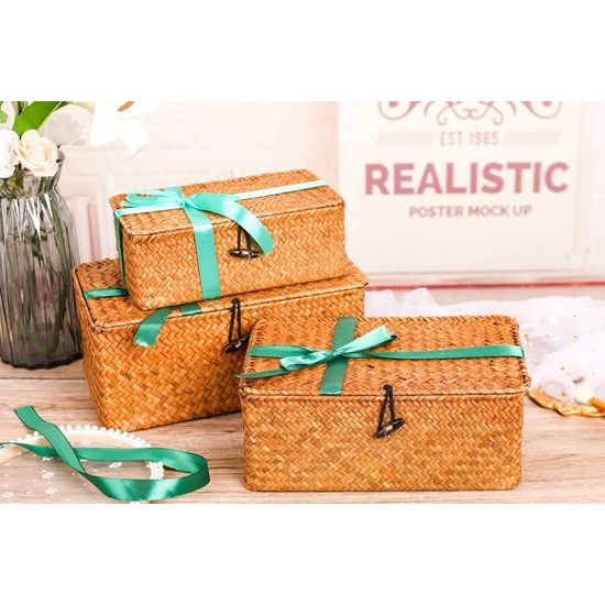 Opbergbox van zeegras, bastmand met deksel, opbergmanden plankmanden, rieten mand, wasmanden, make-up-organizer, keuken, woonkamer, bureau-opslag, natuurlijk materiaal, rotan mand