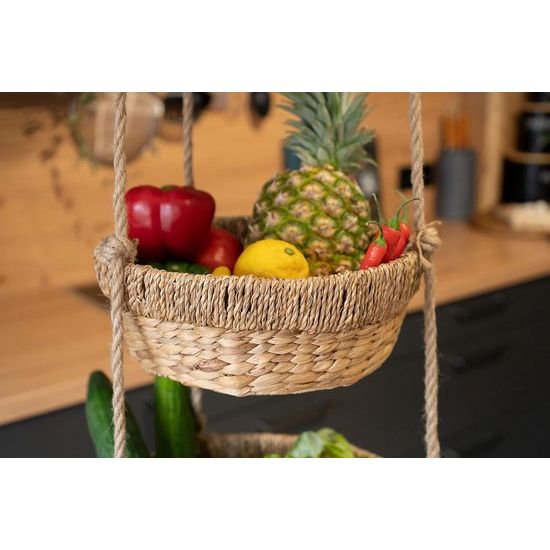 Hangende fruitmand, grote etagère met 3 manden van waterhyacint, fruitrek voor het bewaren van groenten en fruit, hangmand, 34 cm