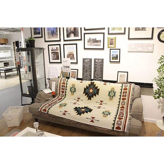 Boho-deken met franjes, etnische deken, geweven deken, geometrisch Azteekse patroon, overtrek voor bank, voor thuis, kantoor, reizen, tenten, 90 x 180 cm