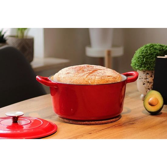 Stoofpan van gietijzer met emaille coating, gietijzeren pan, braadpan met deksel, broodbakpan, rond, geschikt voor oven, barbecue, barbecue en inductie, rood, 3,5 l