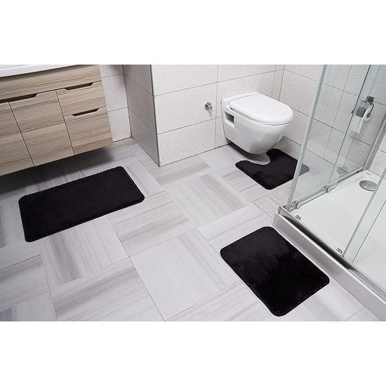 Badkamermattenset 3-delig, badkamertapijt, antislip, wasbaar, voor badkamer 80 x 50 cm badmat + 50 x 40 wc-mat (zwart, 80 x 50, set van 3)