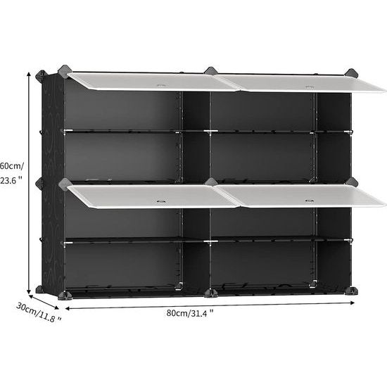 Schoenenrek, kastorganizer, kast slaapkamer, schoenenrek, reksysteem, stapelbaar, schoenenkast, voor hal, slaapkamer, ingang, zwart met transparante deuren (2 x 4)