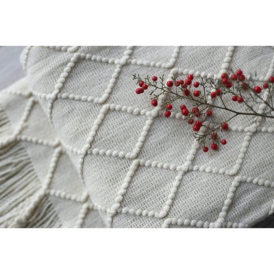 Woondeken, zacht gebreide wollen deken, kwastjes, knuffeldeken, bankdeken, slaapdeken, deken, beige, 125 x 210 cm