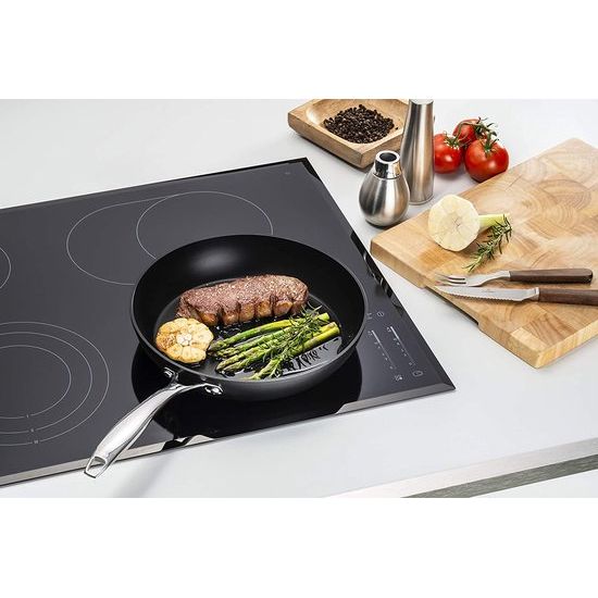 28 cm, 3-laags anti-aanbaklaag pan, volledig roestvrijstalen bodem, pan inductie super goed geschikt voor alle warmtebronnen, elegante roestvrijstalen handgreep, Frying Pan, koekenpan 28 cm, zwart