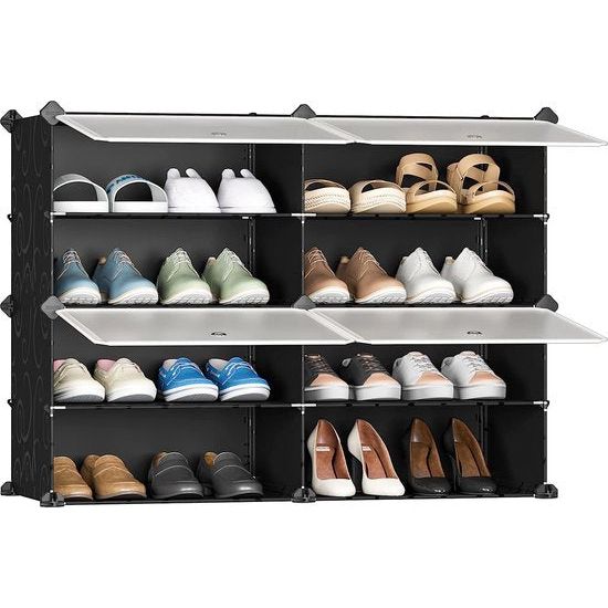 Schoenenrek, kastorganizer, kast slaapkamer, schoenenrek, reksysteem, stapelbaar, schoenenkast, voor hal, slaapkamer, ingang, zwart met transparante deuren (2 x 4)