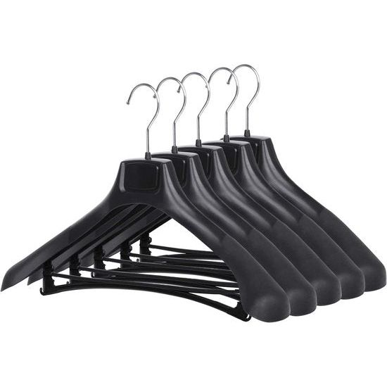 Brede zwarte plastic kleerhangers voor colberts en broeken - Set van 5