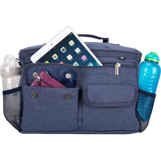 Kinderwagen-organizer en buggy-organizer en kinderwagenbekers plus 2 x kinderwagenclips. blauw w.