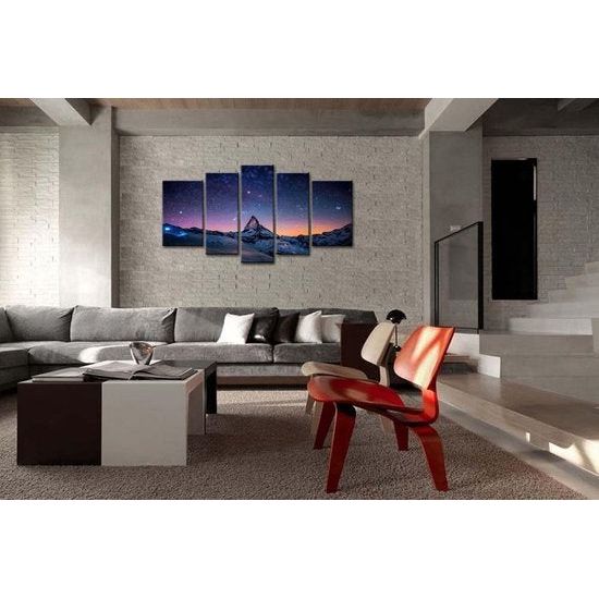 5-delige kunstprint op canvas, frisse uitstraling, wandafbeelding, sterrenhemel boven de bergen, olie-landschapsfoto's voor thuis, moderne decoratie voor de woonkamer