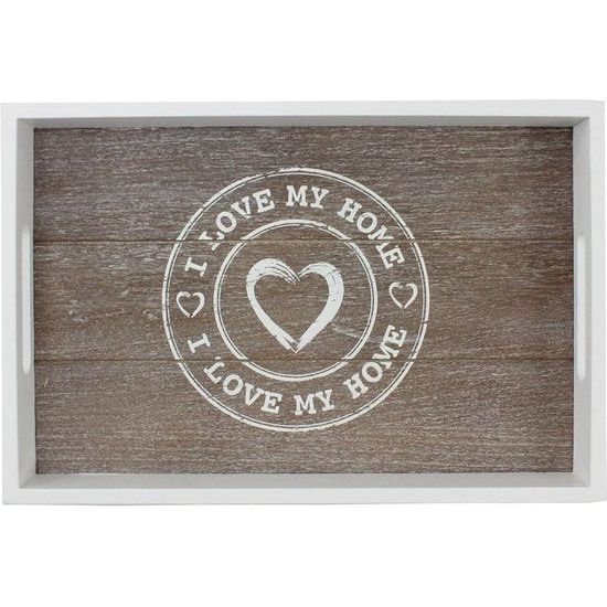 2-Piece Wooden Tray Set - Vintage Decorative Boards in 2 Sizes - White, Printed Serving Trays - Shabby Chic Decorative Bowls with Carry Handles (02 Pieces - I Love My Home)