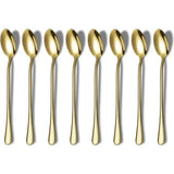 Gouden lepel met lange steel, koffieroerder, premium roestvrijstalen koffielepel, ijstheelepel, ijslepel, cocktail roerlepel, theelepel, set van 8 (goud)