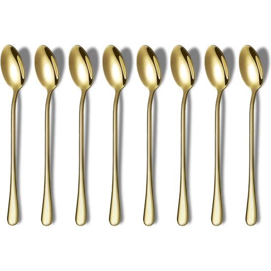 Gouden lepel met lange steel, koffieroerder, premium roestvrijstalen koffielepel, ijstheelepel, ijslepel, cocktail roerlepel, theelepel, set van 8 (goud)