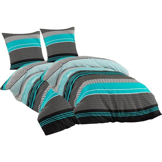 4-delige beddengoedset Renforcé katoen 155 x 220 cm cm met rits bedovertrek, 80 x 80 cm kussensloop bedset turquoise zwart wit (2 stuks 155 x 220 cm + 2 stuks 80 x 80 cm)