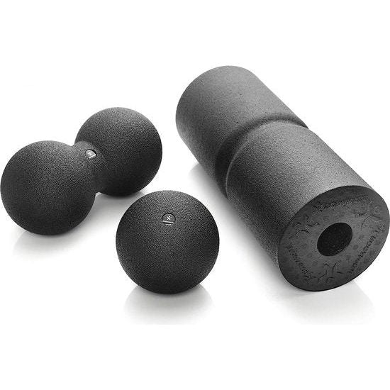 CARE fascia-set bestaande uit fasciarol CARE 35x14cm medium hard met rondom lopende groef voor ontlasting van de wervelkolom, single ball 12cm en duo-bal 12x24cm zwart met e-book