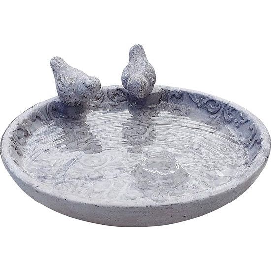 Vogelbad voor de tuin, vogelbad (24 en 30 cm) met 2 decoratieve vogels voor wilde vogels met rozenornamenten, veilige verpakking, niet vorstbestendig