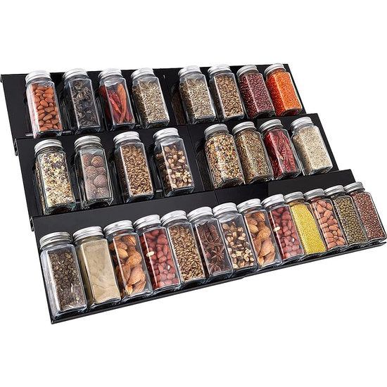 Kruidenlade insert van 30 cm tot 60 cm uittrekbaar, kruidenrek voor laden, organizer, kruideninzet lade op 3 niveaus - zwart