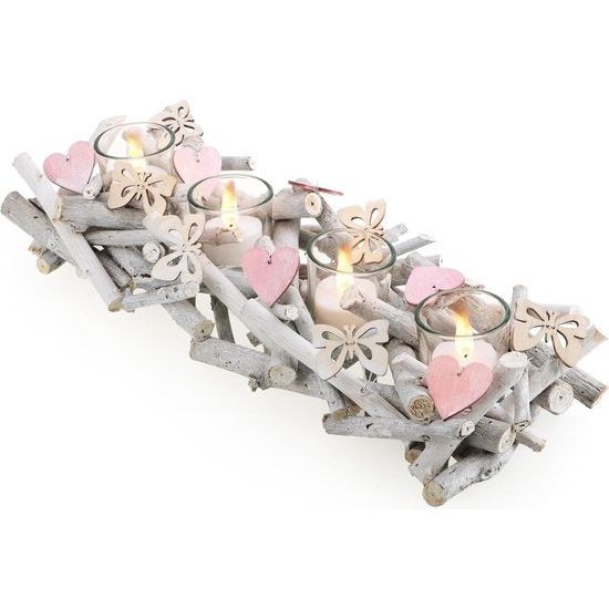 Kandelaar van hout - theelichthouder met vlinders en harten - houten lichtschaal - modern kaarsbord als tafeldecoratie - decoratief windlicht (kandelaar-wit)