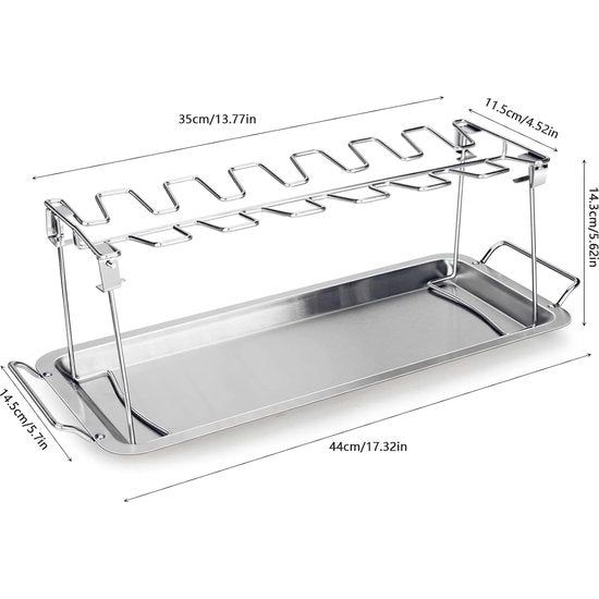 Kippenbeenhouder, kippengrillstandaard, kippenbrader van roestvrij staal om op te hangen, 14 kippenpoten of vleugels, grillaccessoires met opvangbak