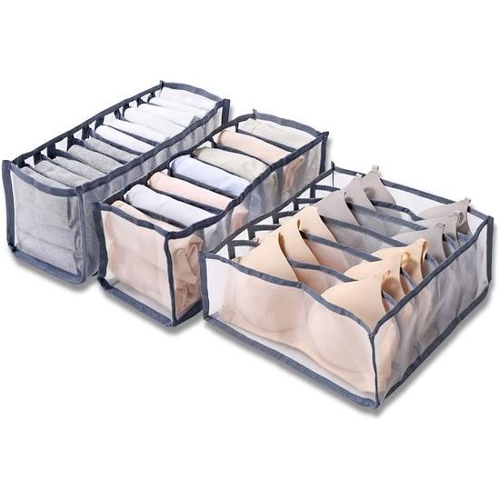 3-delige opvouwbare mesh-organizer, ondergoed-lade-organizer voor babykleding, sokken, sjaals, beha's (wit, bruin, grijs, zwart) (grijs) nylon