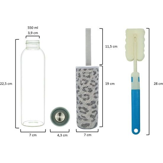 Glazen fles, 550 ml, drinkfles met neopreen hoes, lekvrij, glazen drinkfles van dik borosilicaatglas, geschikt voor koolzuur, glazen karaf