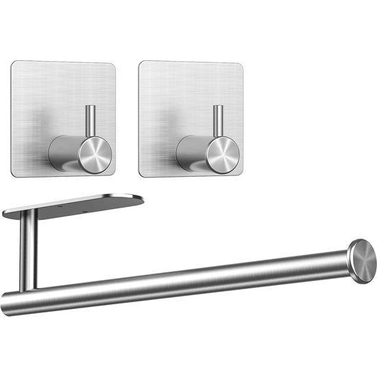 keukenrolhouder zonder boren met 2 zelfklevende haken, RVS houder voor Zewa keukenrol, keukenrolhouder voor wand en onder keukenkasten (zilver)