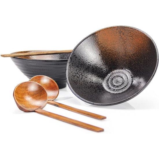 2 sets (6 stuks) porseleinen kom, huiskeuken slakommen, Japanse Ramen soepkom, mengkommen serviesset (met stokjes en een lepel) cadeau-ideeën