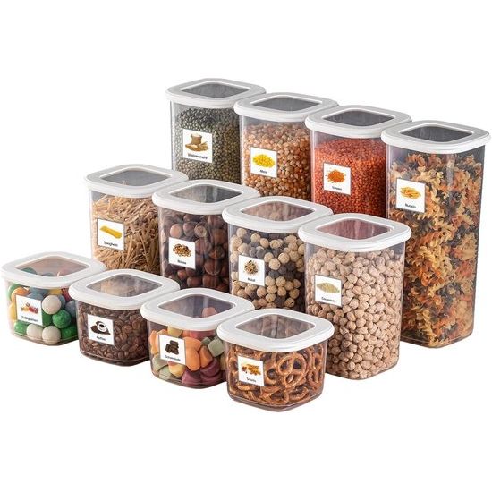 Voorraaddozen met deksel, luchtdicht, set van 12 voorraaddozen, BPA-vrij, voor het bewaren van muesli, meel en suiker, praktische opbergdoos voor alle levensmiddelen