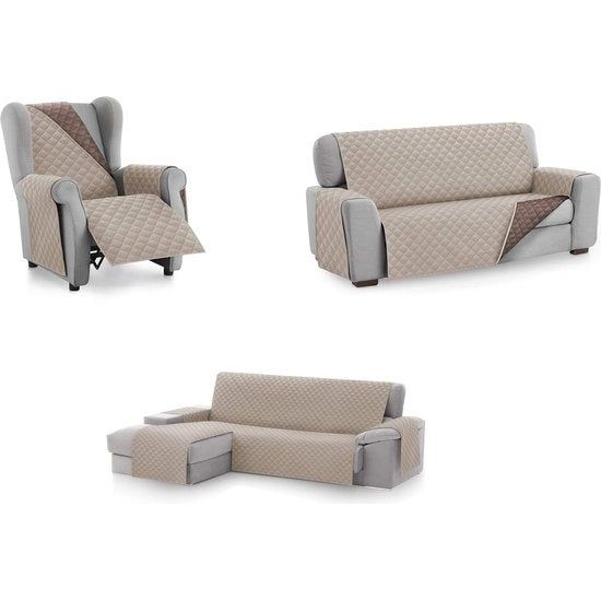 Chaise Longue bankovertrek, bescherming voor rechtsarm gewatteerde banken - bankhoes L-vorm - grootte -240 cm. Kleur beige (vooraanzicht)