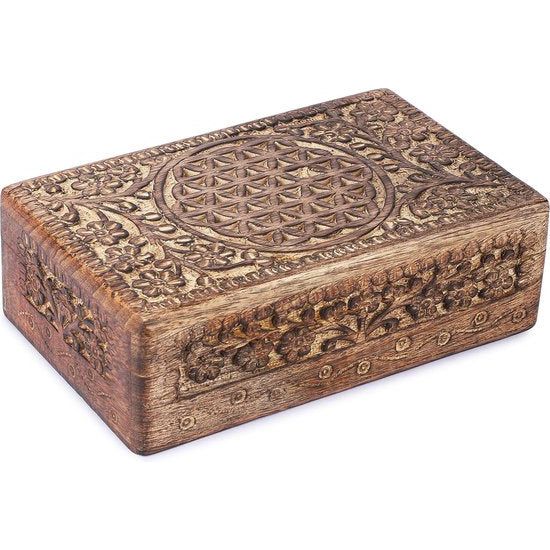 Handgesneden decoratieve houten kist met Keltisch bloemensnijwerk, multifunctioneel gebruik als sieradenopslag, sieradenhouder of horlogedoos, ideaal als cadeau