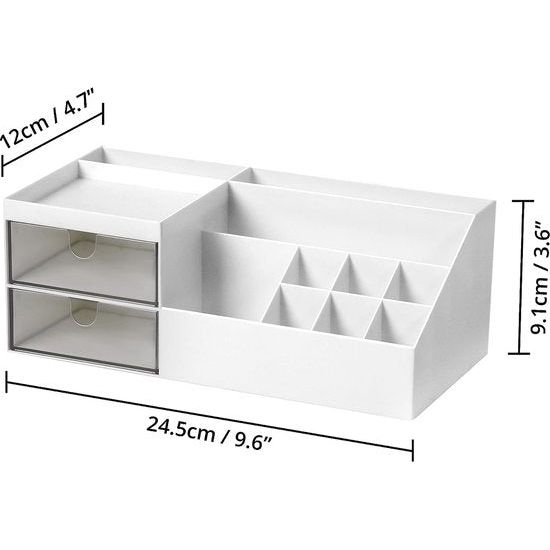 Witte cosmetica-organizer, multifunctionele organizer badkamer voor make-uptafel, commode, wastafel, organizer, make-up & bureauaccessoires met scheidingswanden en 2 laden